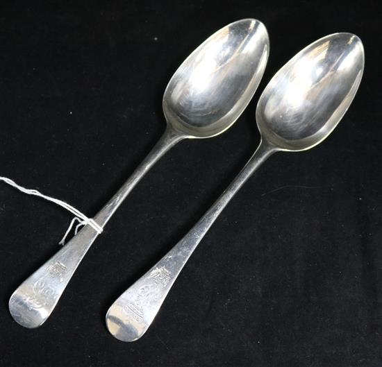 A pair of George II silver Old English pattern table spoons, by Isaac Callard, London, 1736, 123 grams.